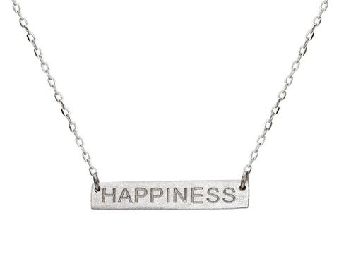 Silver Rhodium Plated Necklace W/Bar “Happiness “Engraved